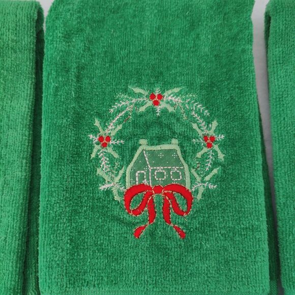 2 Cannon 1 Royal Terry Christmas Tree Wreath Candle Green Embroidered Towels VTG - Picture 3 of 12